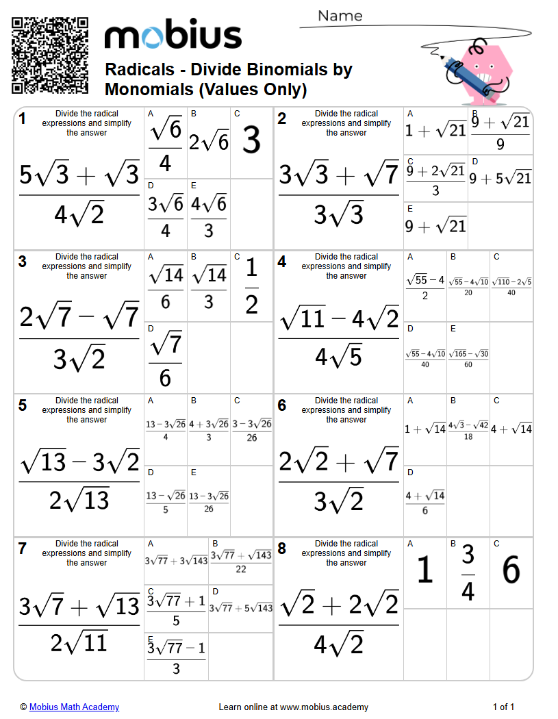 Divide Binomials by Monomials (Values Only) (Level 4) | Radicals ...