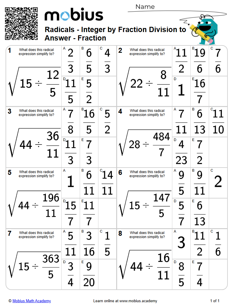 Radicals - Integer by Fraction Division to Answer - Fraction (Level 1 ...