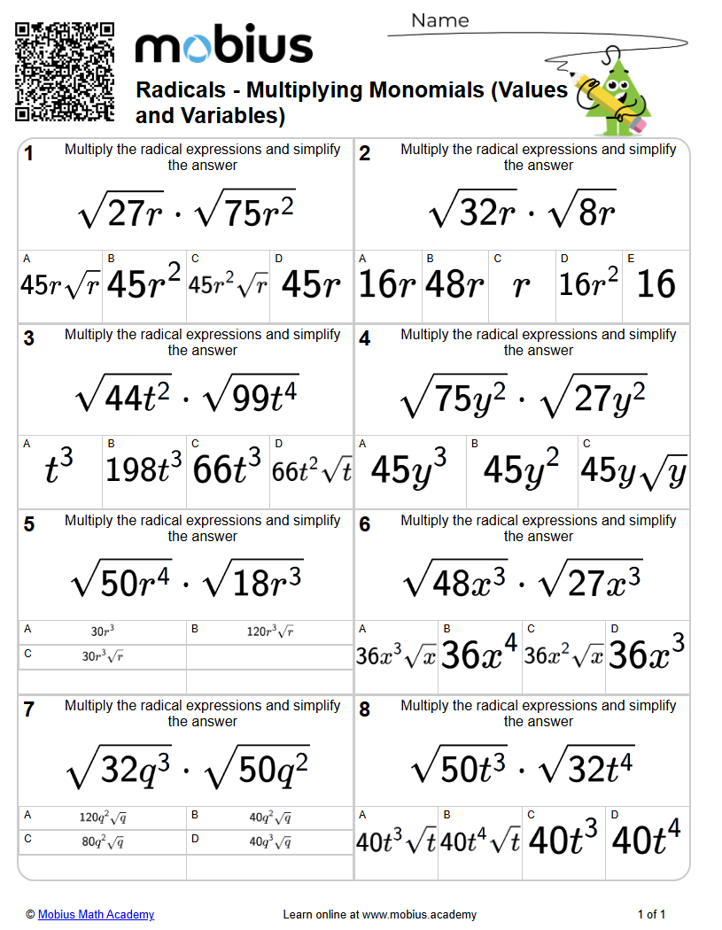 Multiplying Monomials (Values and Variables) (Level 2) | Radicals ...