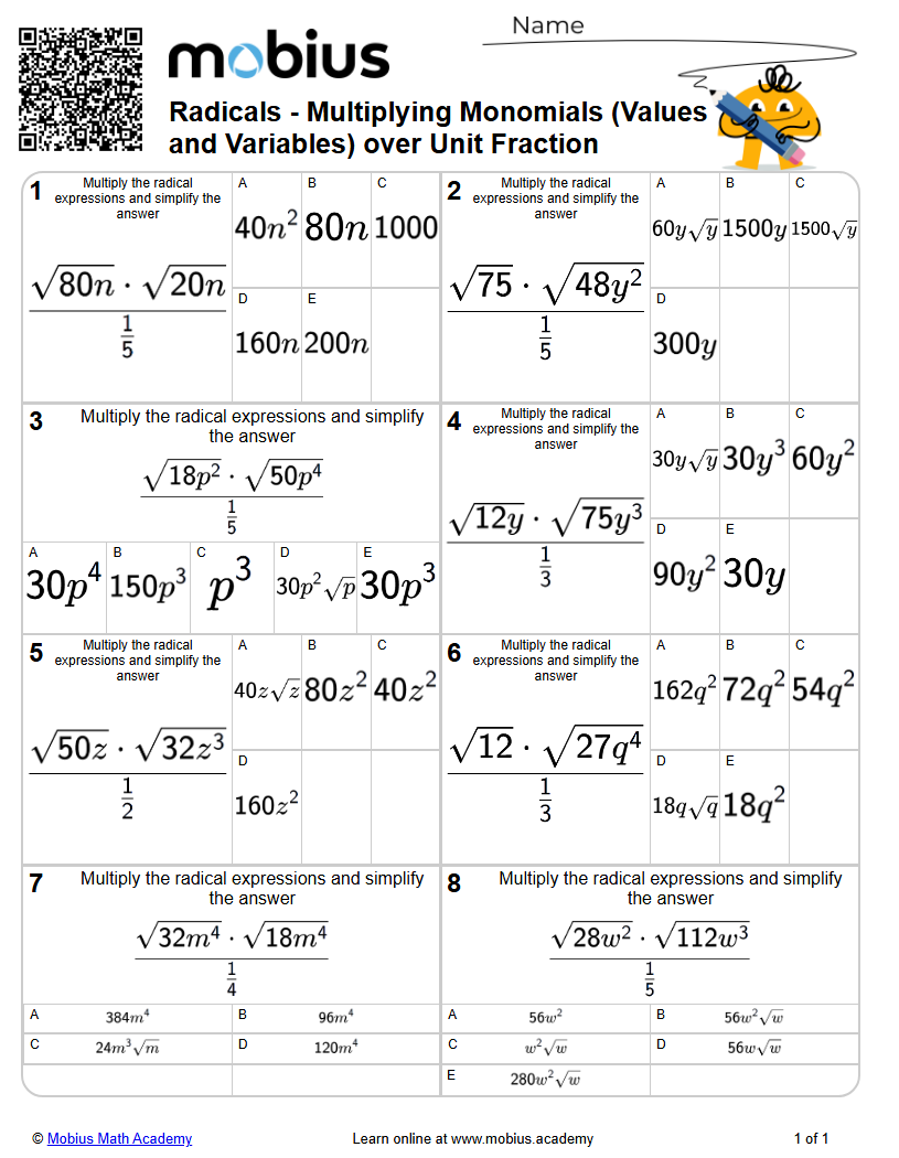 Multiplying Monomials (Values and Variables) over Unit Fraction (Level ...