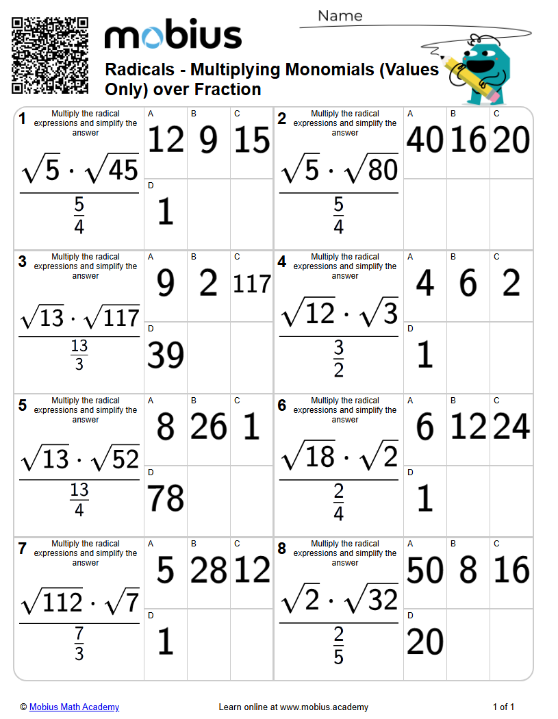 Radicals - Multiplying Monomials (Values Only) over Fraction (Level 1 ...