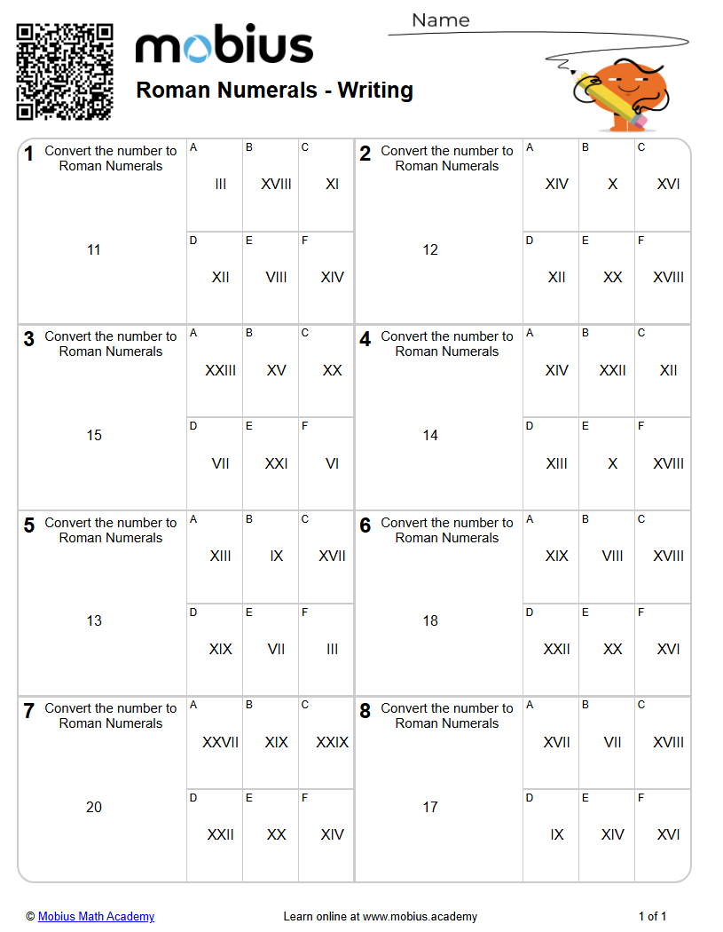 Roman Numerals - Writing (Level 1) - Mobius Math Academy