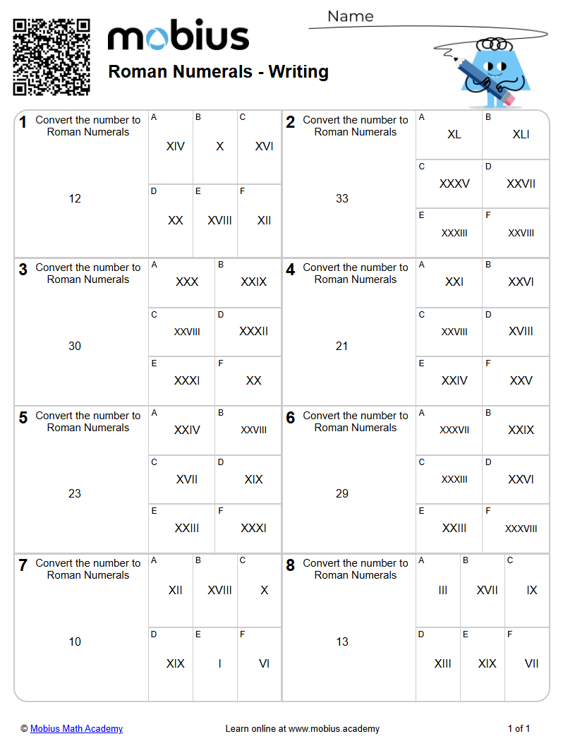 Roman Numerals - Writing (Level 2) - Mobius Math Academy
