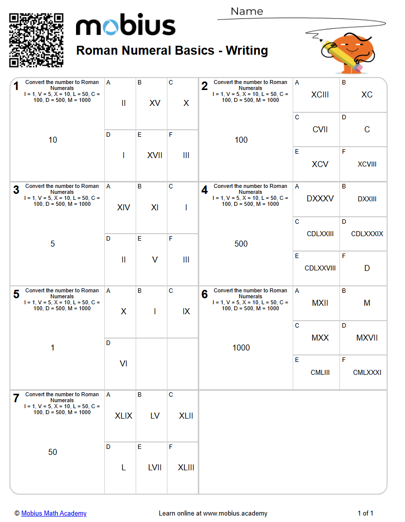 Roman Numeral Basics - Writing (Level 1) - Mobius Math Academy