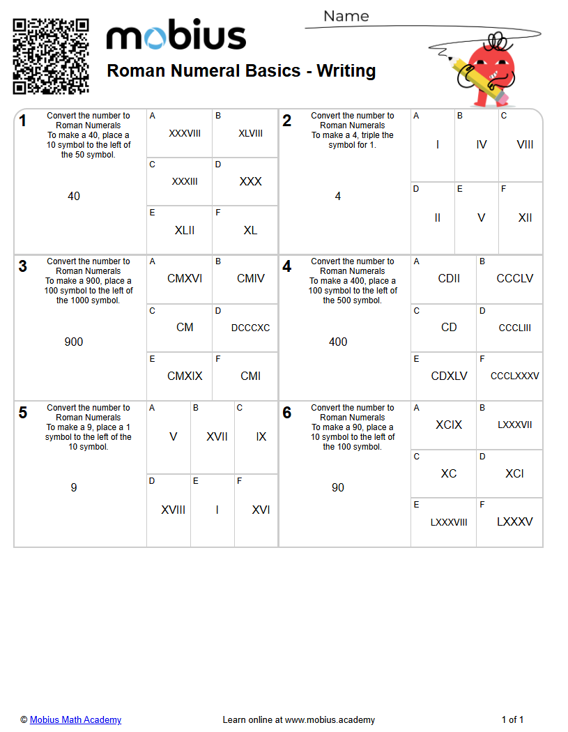 Roman Numeral Basics - Writing (Level 5) - Mobius Math Academy