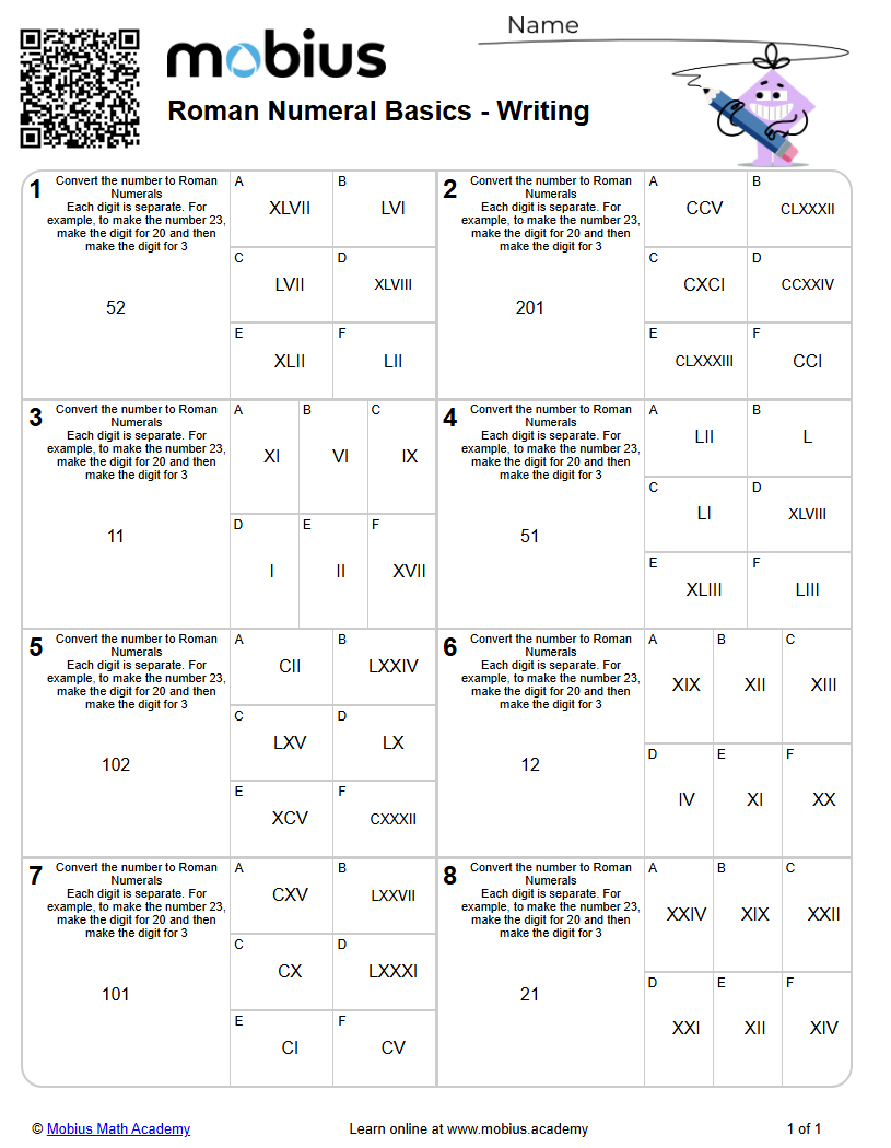 Roman Numeral Basics - Writing (Level 6) - Mobius Math Academy