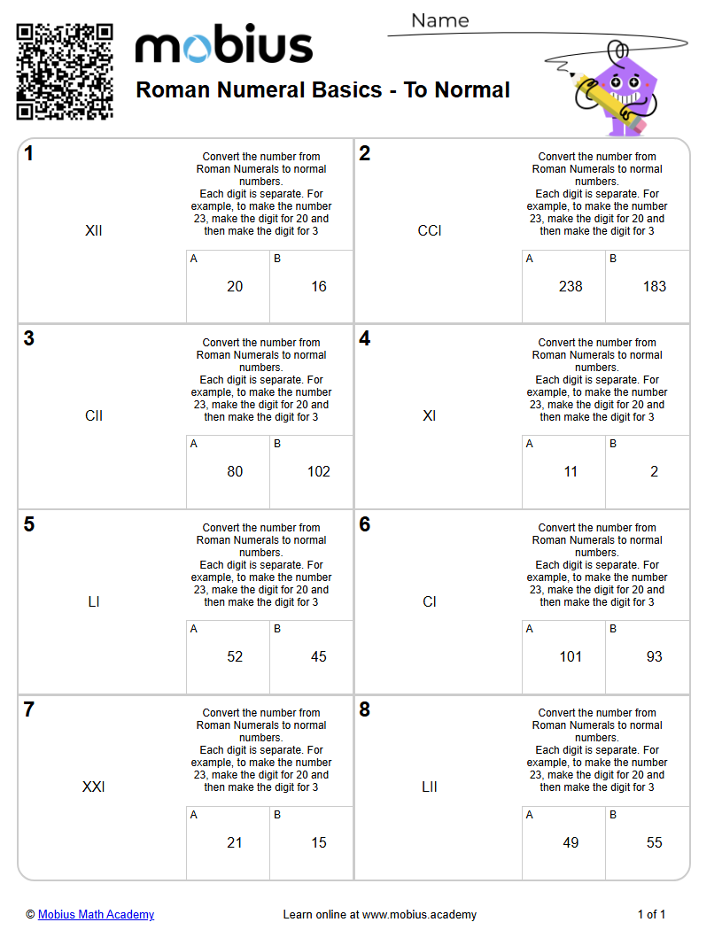 Roman Numeral Basics - To Normal (Level 6) - Mobius Math Academy