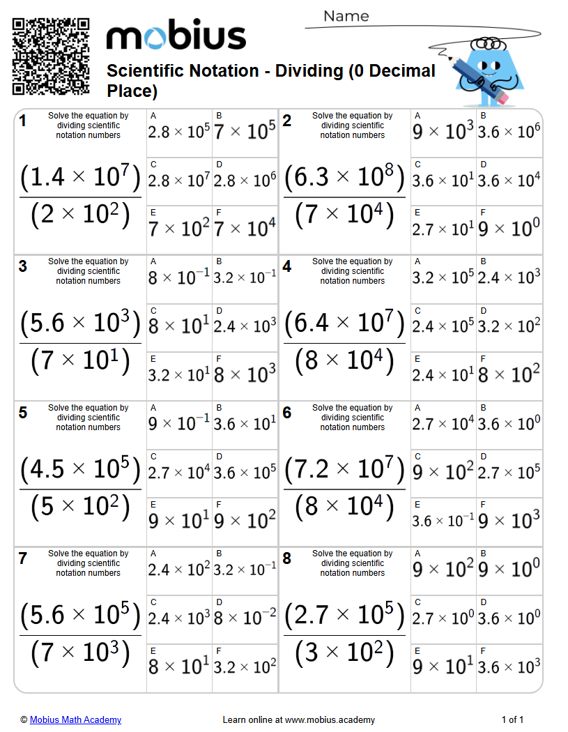 Scientific Notation - Dividing (0 Decimal Place) (Level 4) - Mobius ...