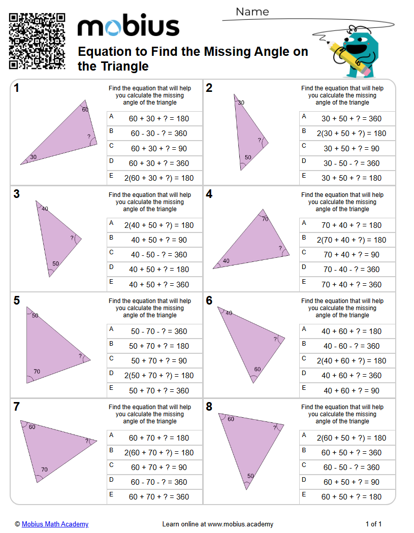 Equation to Find the Missing Angle on the Triangle (Level 1) - Mobius ...