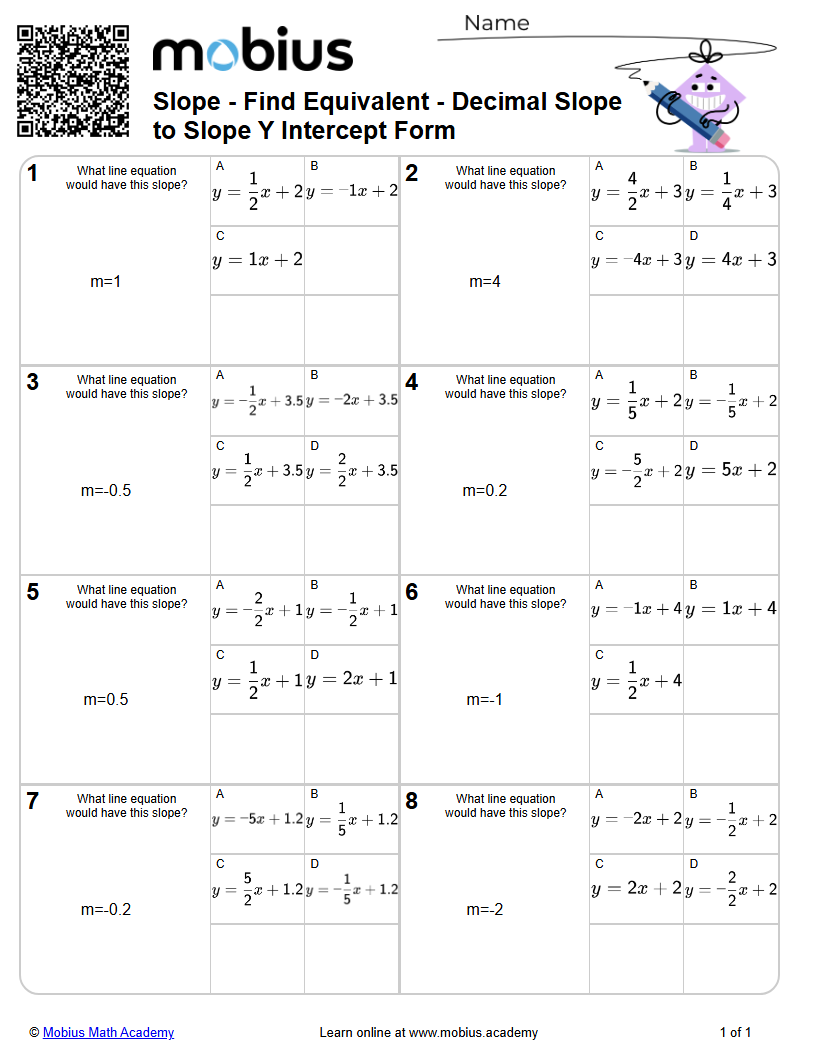 Level 1 | Slope/Linear Equations | Grade 9 Math Worksheets - Mobius ...