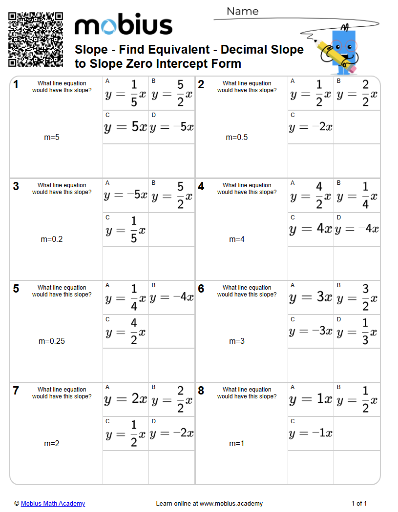 Level 1 | Slope/Linear Equations | Grade 9 Math Worksheets - Mobius ...