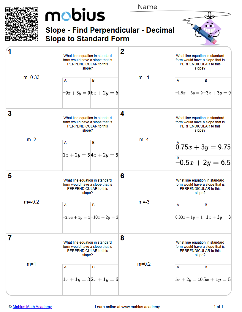 Level 1 | Slope/Linear Equations | Grade 10 Math Worksheets - Mobius ...