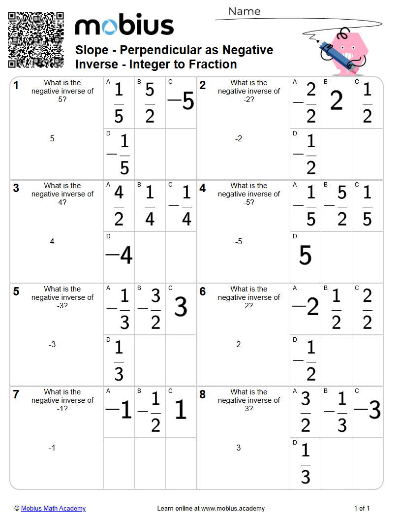 Level 1 | Slope/Linear Equations | Grade 9 Math Worksheets - Mobius ...