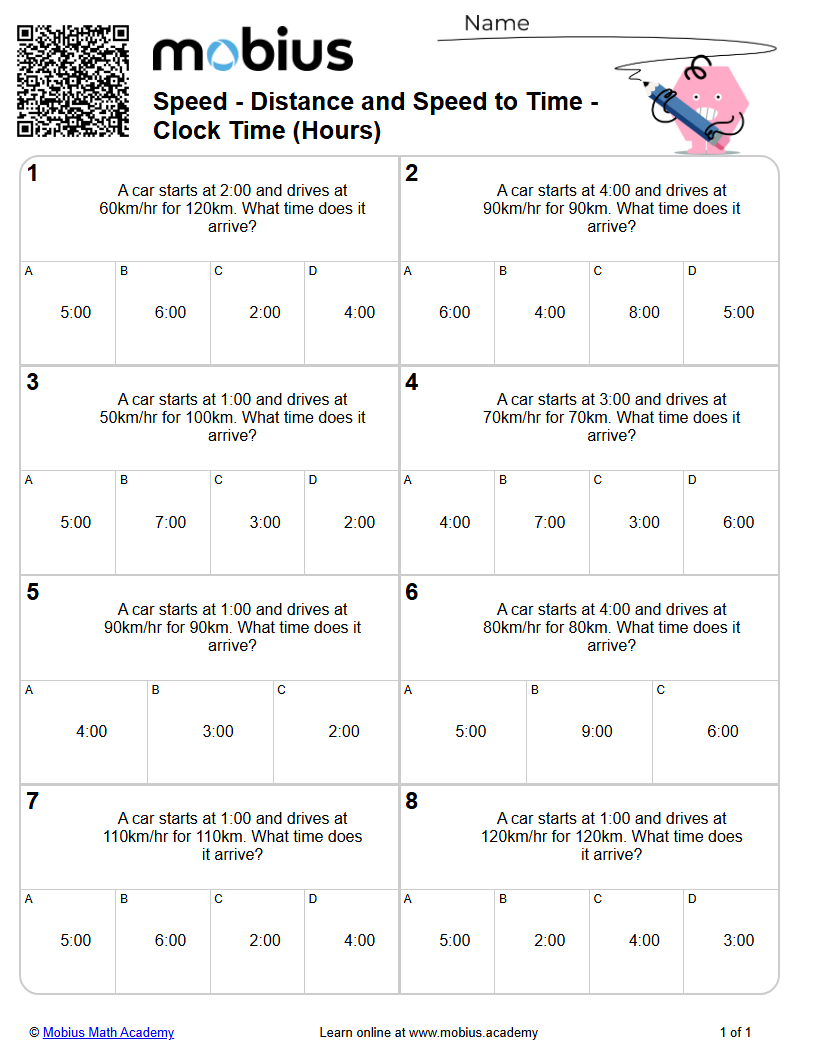 Speed - Distance and Speed to Time - Clock Time (Hours) (Level 1 ...