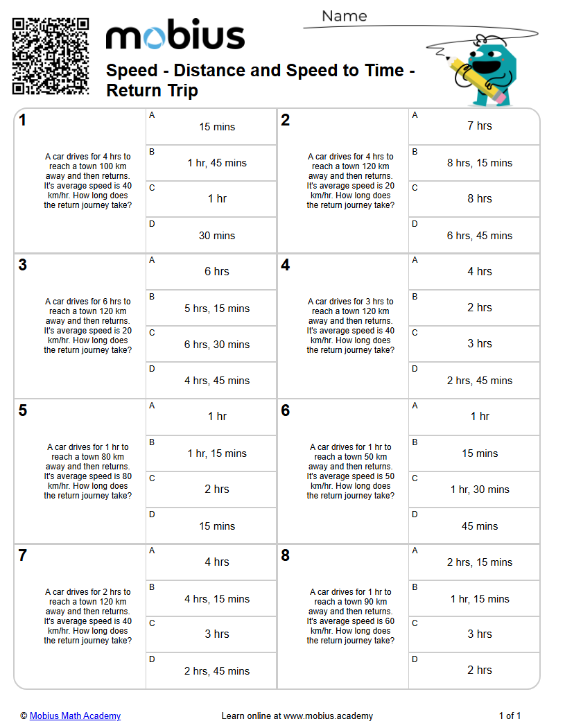 Distance and Speed to Time - Return Trip (Level 1) | Speed/Distance ...