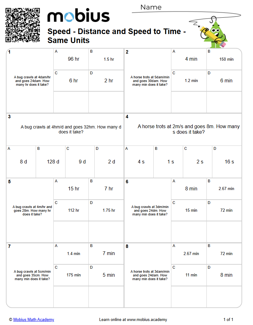 Distance and Speed to Time - Same Units (Level 1) | Speed/Distance/Time ...
