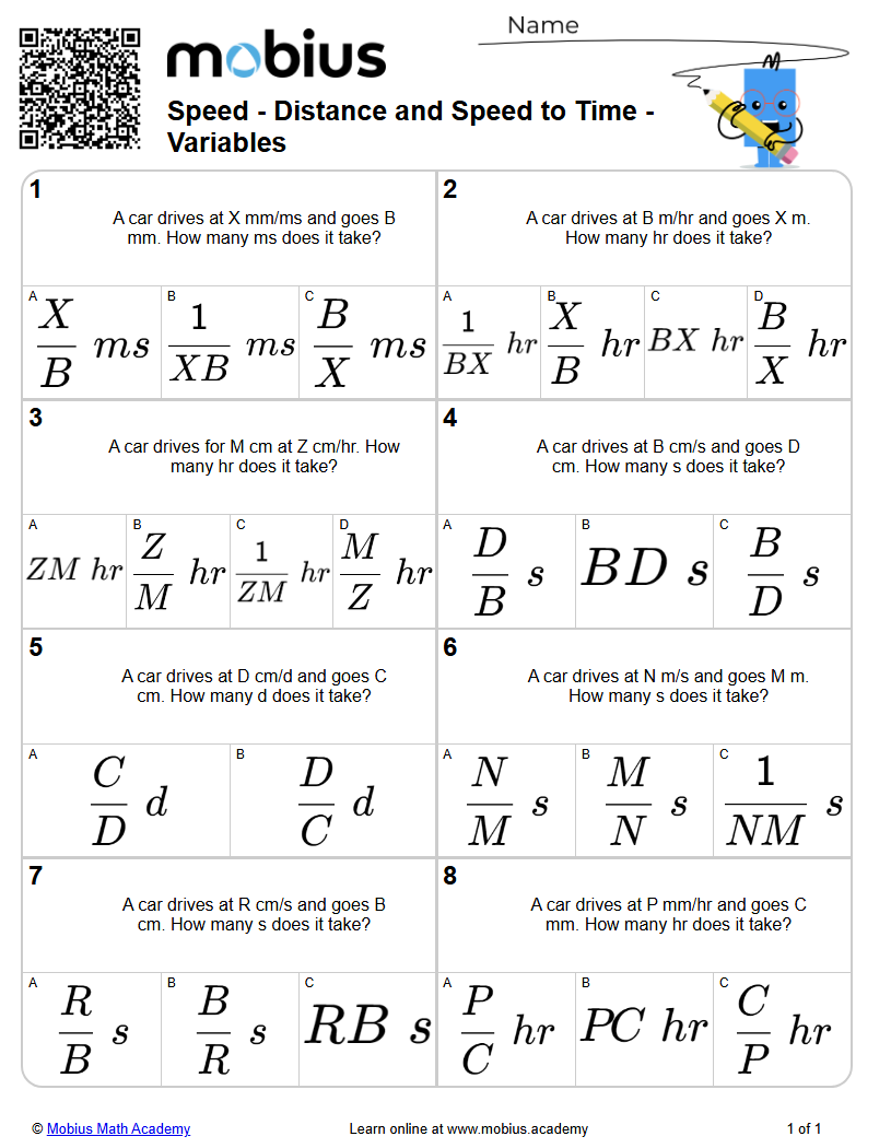 Speed | Distance and Speed to Time - Variables (Level 1) | Grades 6-7 ...