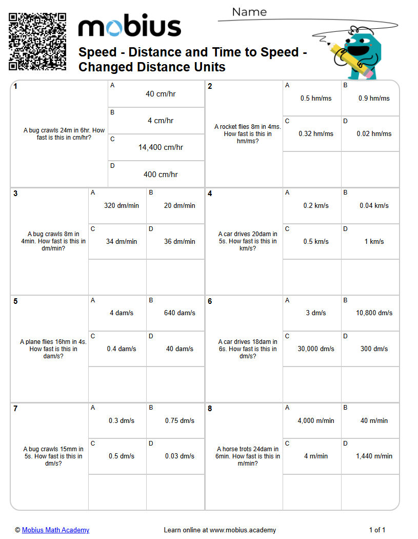 Level 1 | Speed/Distance/Time | Grades 7-9 Math Worksheets - Mobius ...