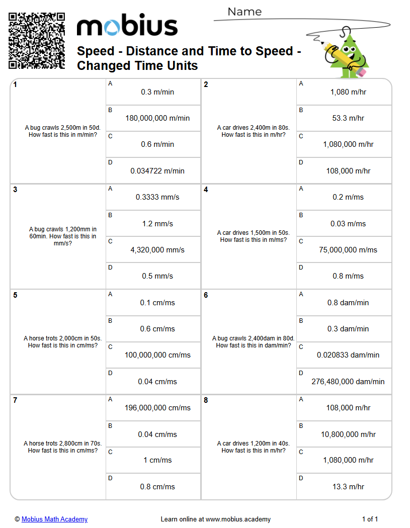 Level 3 | Speed/Distance/Time | Grades 7-10 Math Worksheets - Mobius ...