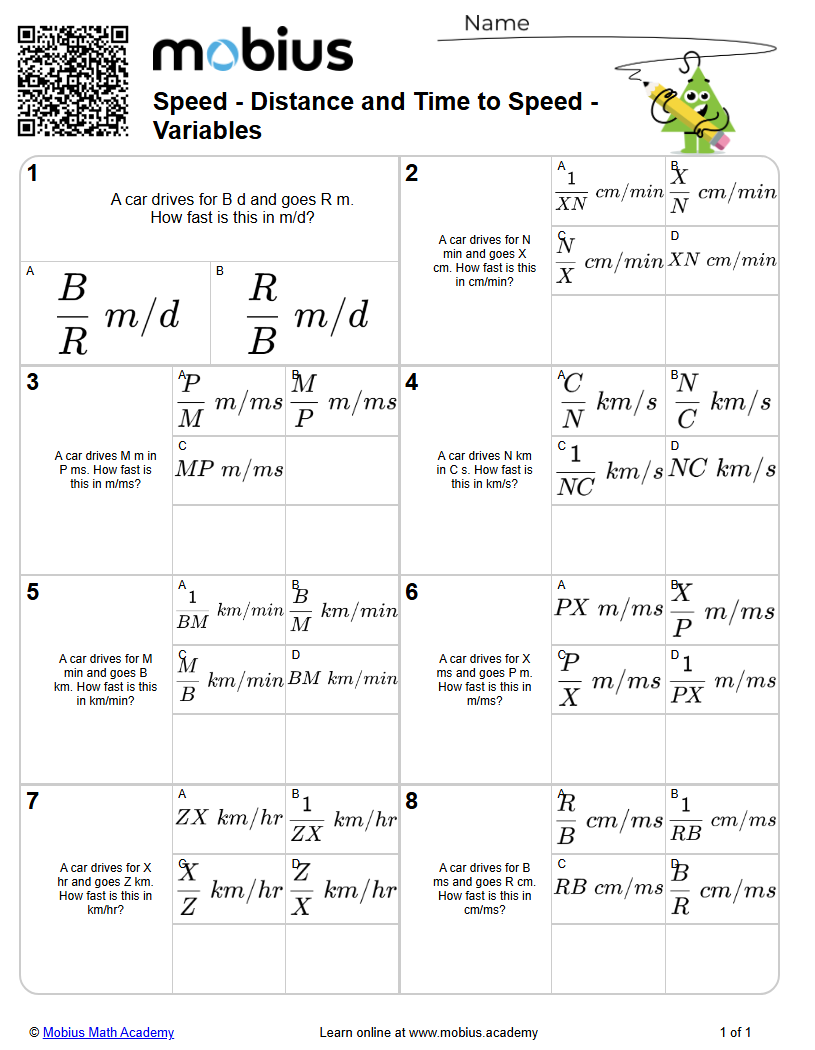 Level 1 | Speed/Distance/Time | Grades 6-7 Math Worksheets - Mobius ...