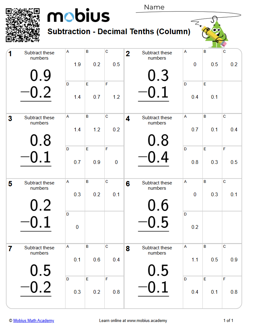 Subtraction - Decimal Tenths (Column) (Level 1) - Mobius Math Academy