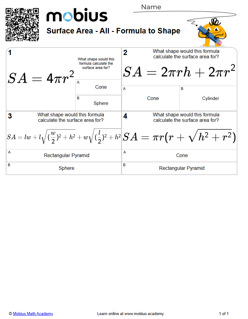 Surface Area - All - Formula to Shape (Level 1) - Mobius Math Academy
