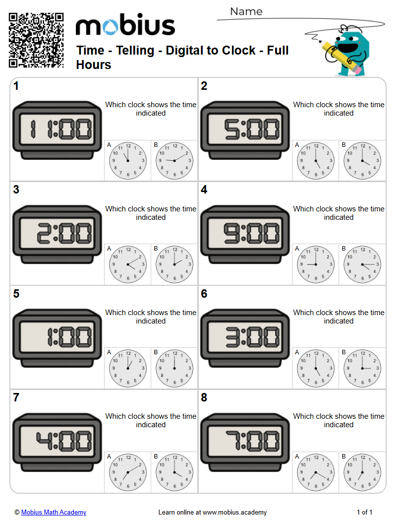 Digital to Clock - Full Hours (Level 1) | Time | Grade 3 Math ...
