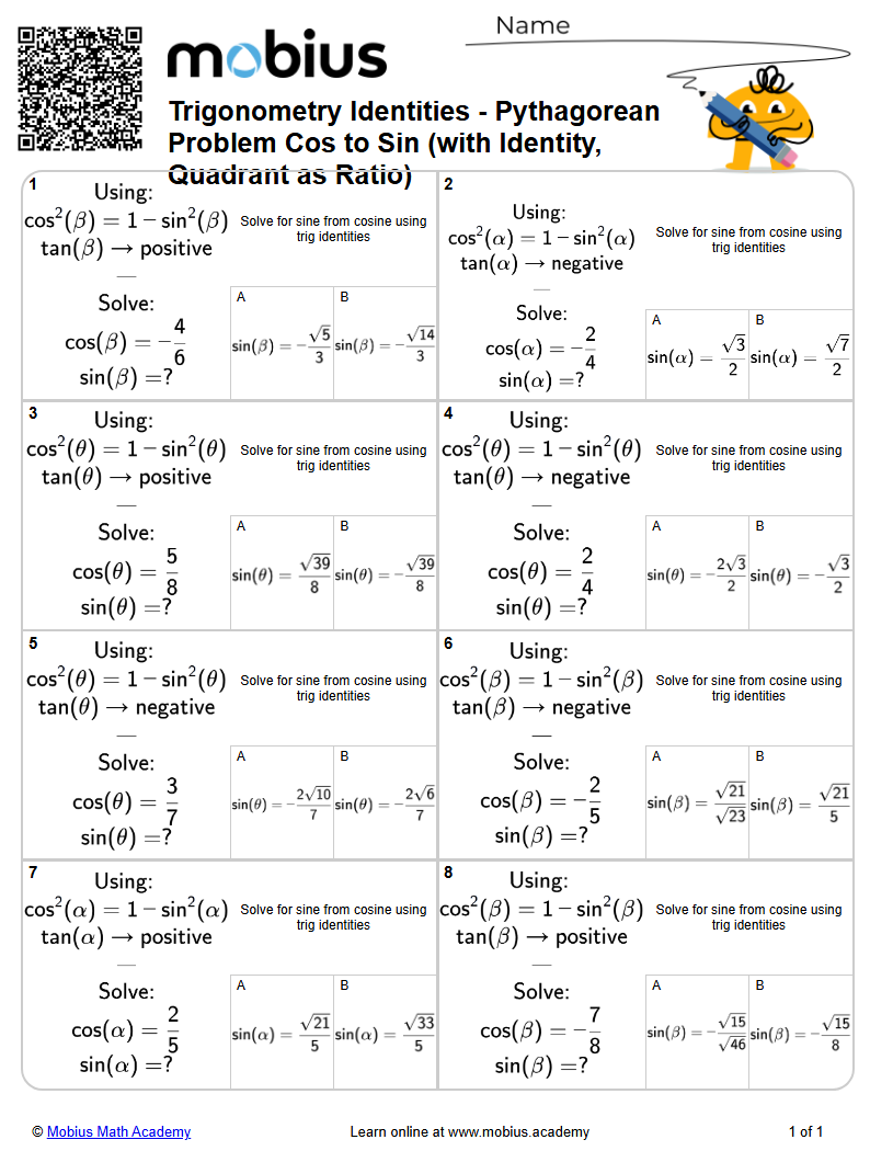 Level 1 | Trigonometry | Grades 11-12 Math Worksheets - Mobius Math Academy