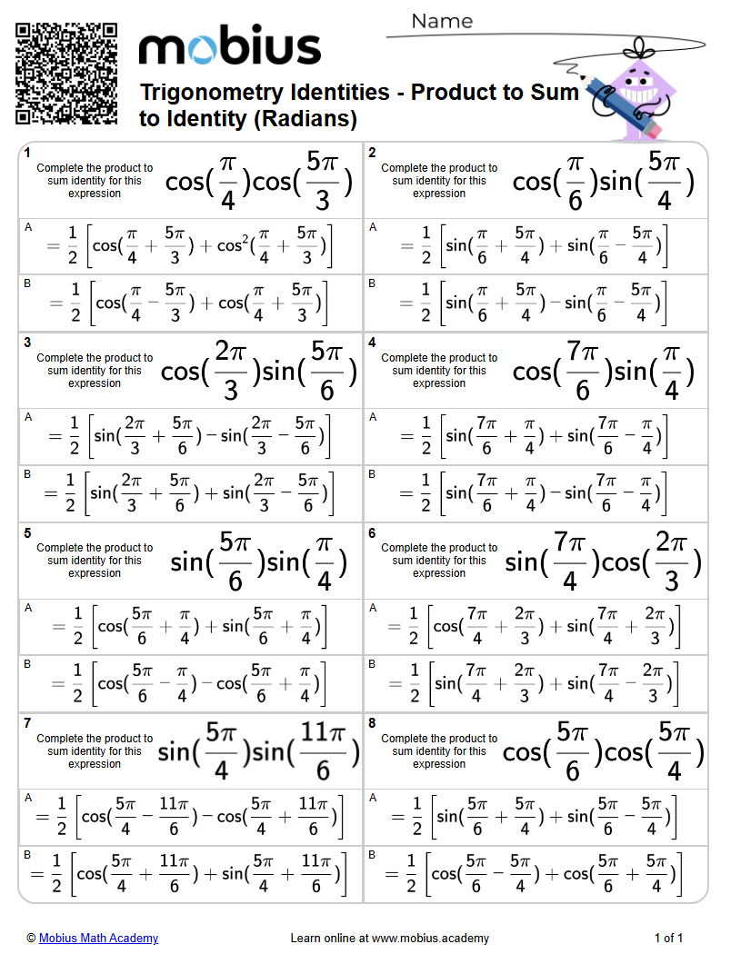 Trigonometry Identities - Product to Sum to Identity (Radians) (Level 1 ...