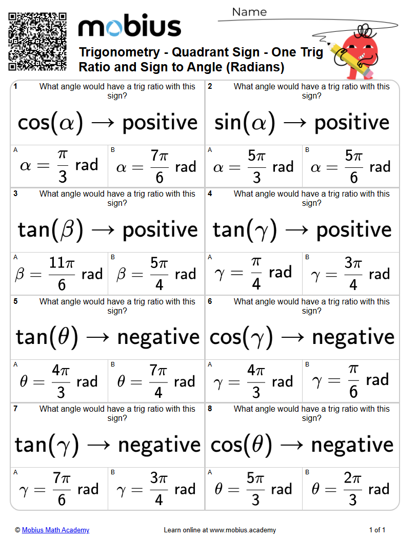 Quadrant Sign - One Trig Ratio and Sign to Angle (Radians) (Level 1 ...