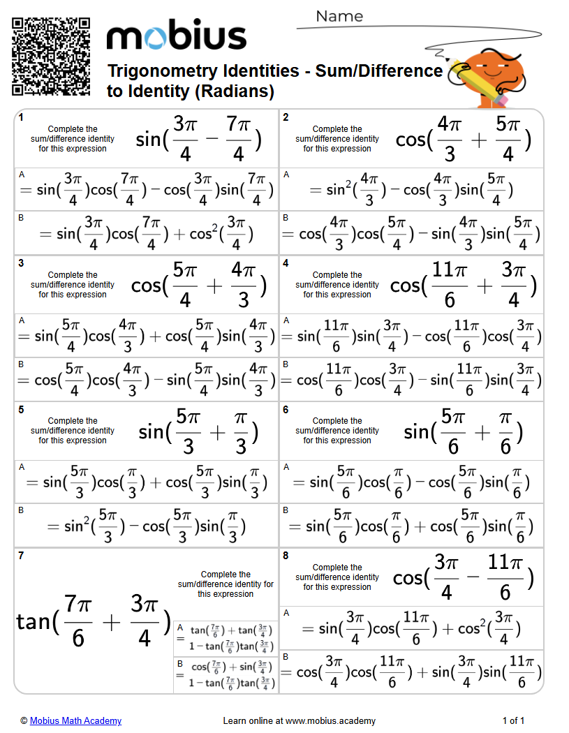 Level 1 | Trigonometry | Grade 12 Math Worksheets - Mobius Math Academy
