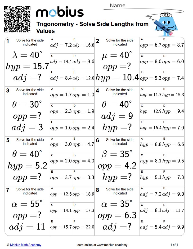 Trigonometry - Solve Side Lengths from Values (Level 1) - Mobius Math ...