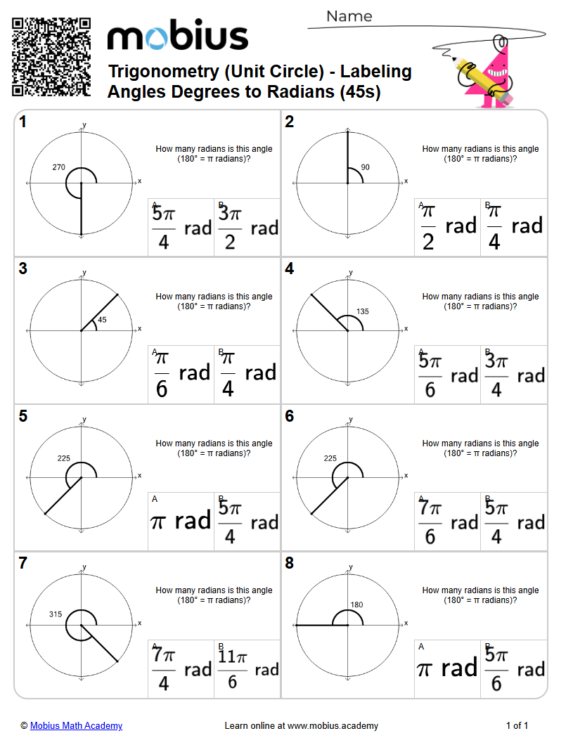 Trigonometry (Unit Circle) - Labeling Angles Degrees to Radians (45s ...