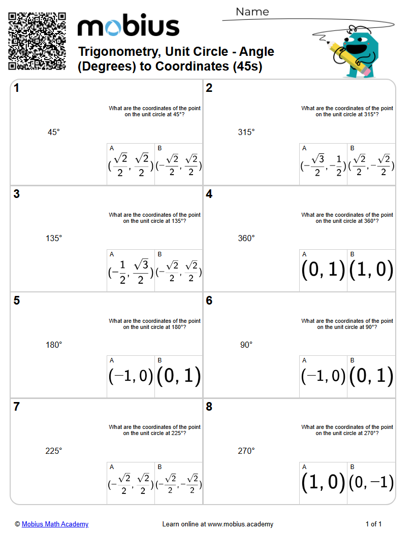 Trigonometry, Unit Circle - Angle (Degrees) to Coordinates (45s ...