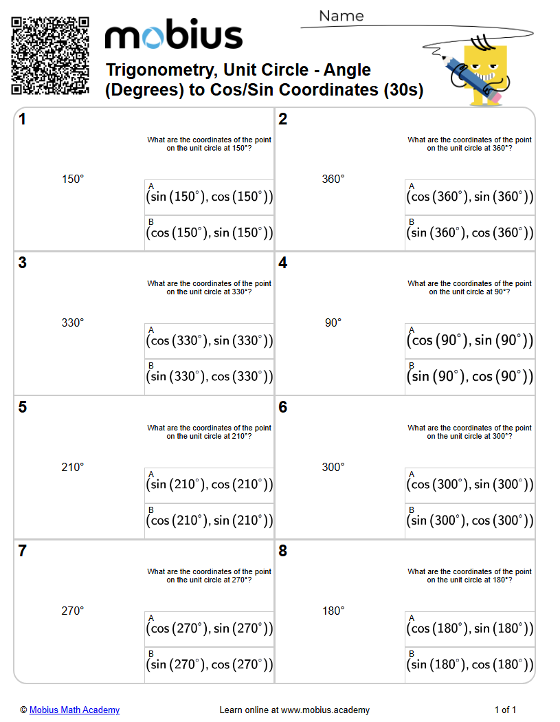Trigonometry, Unit Circle - Angle (Degrees) to Cos/Sin Coordinates (30s ...