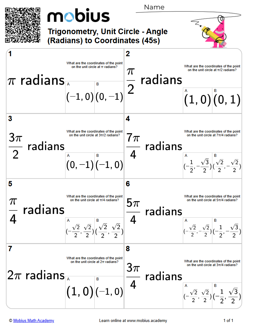 Trigonometry, Unit Circle - Angle (Radians) to Coordinates (45s) (Level ...