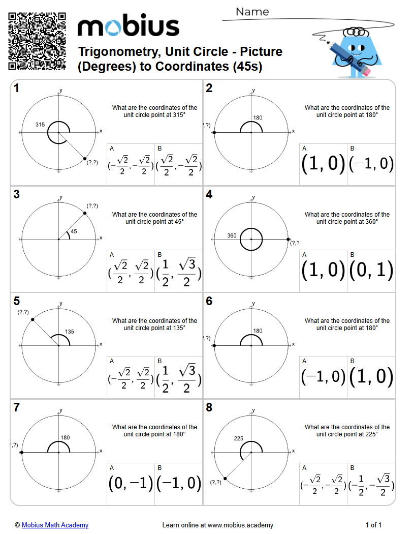 Trigonometry, Unit Circle - Picture (Degrees) to Coordinates (45s ...