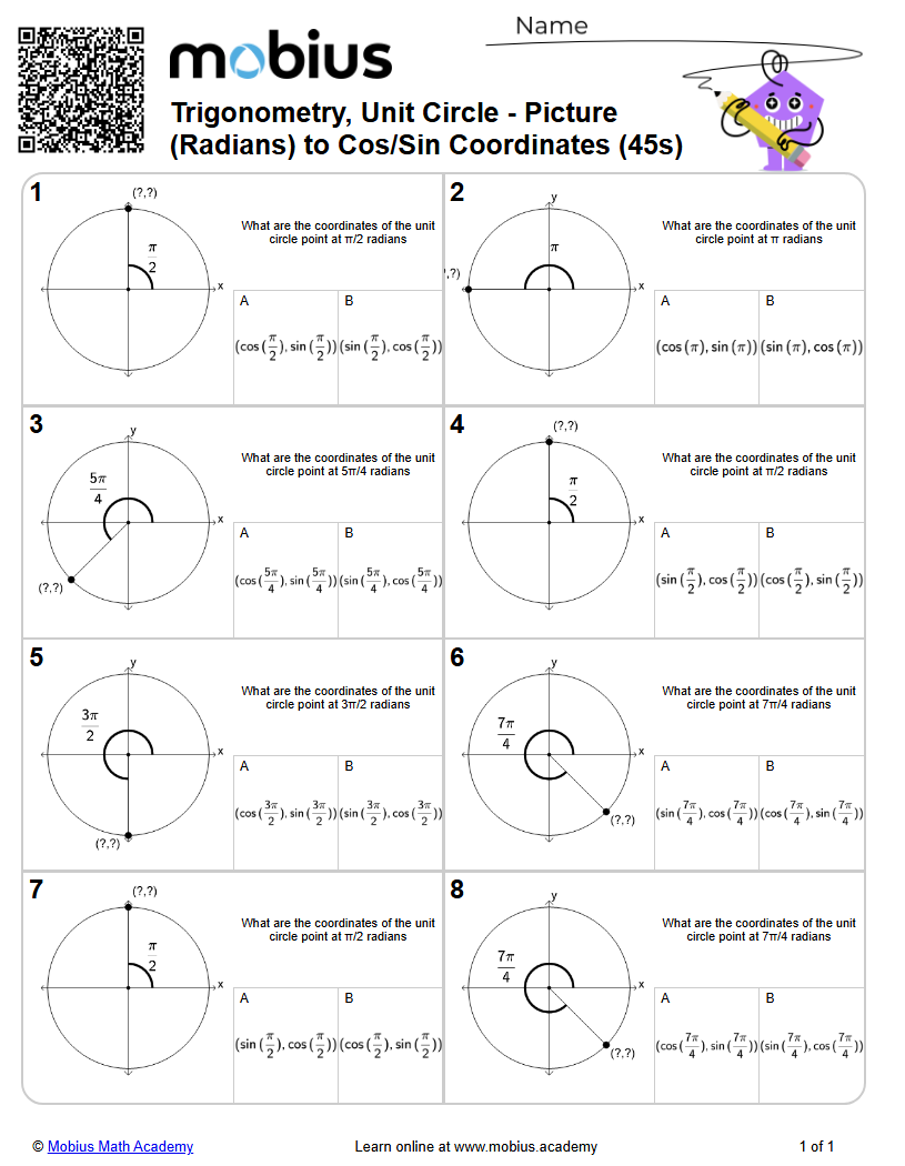 Trigonometry, Unit Circle - Picture (Radians) to Cos/Sin Coordinates ...