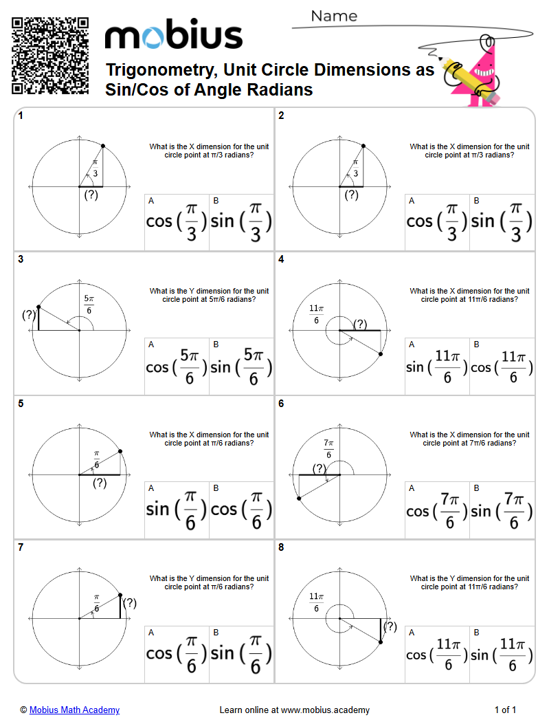 Trigonometry, Unit Circle Dimensions as Sin/Cos of Angle Radians (Level ...