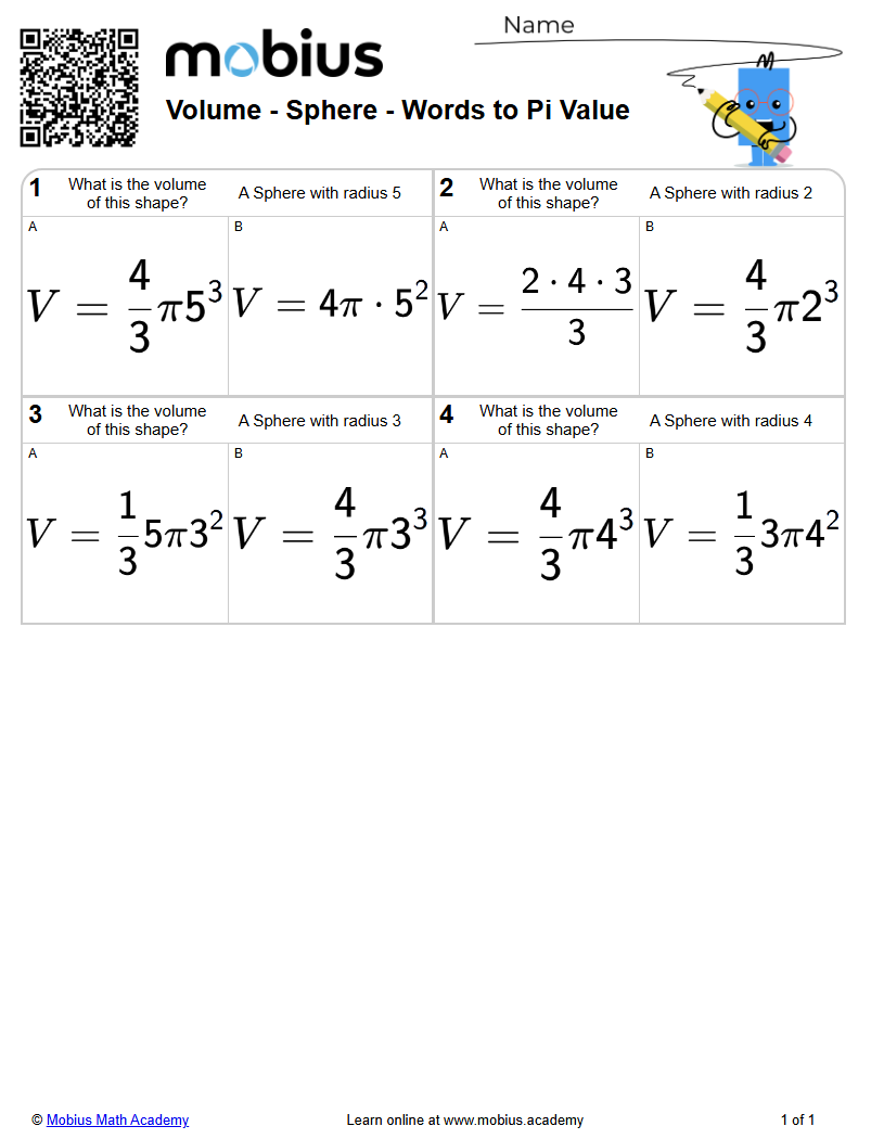 Volume - Sphere - Words to Pi Value (Level 1) - Mobius Math Academy