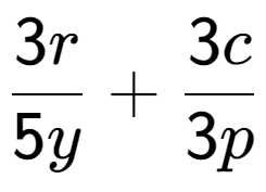 A LaTex expression showing \frac{{3r}}{{5y}} + \frac{{3c}}{{3p}}
