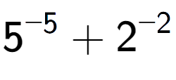 A LaTex expression showing 5 to the power of {-5 } + 2 to the power of {-2 }