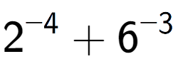 A LaTex expression showing 2 to the power of {-4 } + 6 to the power of {-3 }