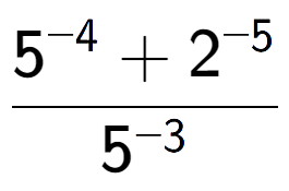 A LaTex expression showing \frac{{5 to the power of {-4 } + 2 to the power of {-5 }}}{{5 to the power of {-3 }}}