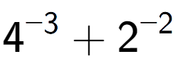 A LaTex expression showing 4 to the power of {-3 } + 2 to the power of {-2 }