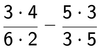 A LaTex expression showing \frac{{3 times 4}}{{6 times 2}} - \frac{{5 times 3}}{{3 times 5}}