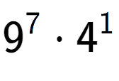 A LaTex expression showing 9 to the power of 7 times 4 to the power of 1