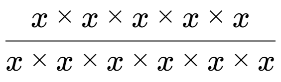 A LaTex expression showing x multiplied by x multiplied by x multiplied by x multiplied by x over x multiplied by x multiplied by x multiplied by x multiplied by x multiplied by x