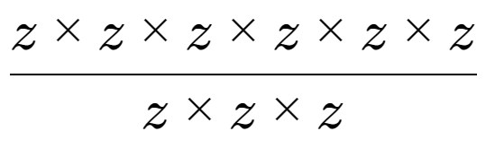 A LaTex expression showing z multiplied by z multiplied by z multiplied by z multiplied by z multiplied by z over z multiplied by z multiplied by z