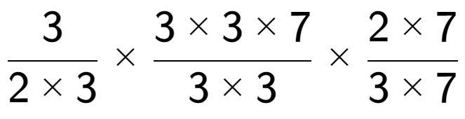 A LaTex expression showing 3 over 2 multiplied by 3 multiplied by 3 multiplied by 3 multiplied by 7 over 3 multiplied by 3 multiplied by 2 multiplied by 7 over 3 multiplied by 7